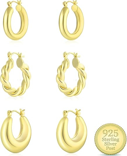 WGOUD 3Pairs 14K Gold Plated Chunky Hoop Earrings Set for Women, Trendy Hoop Earring 925 Sterling... | Amazon (US)