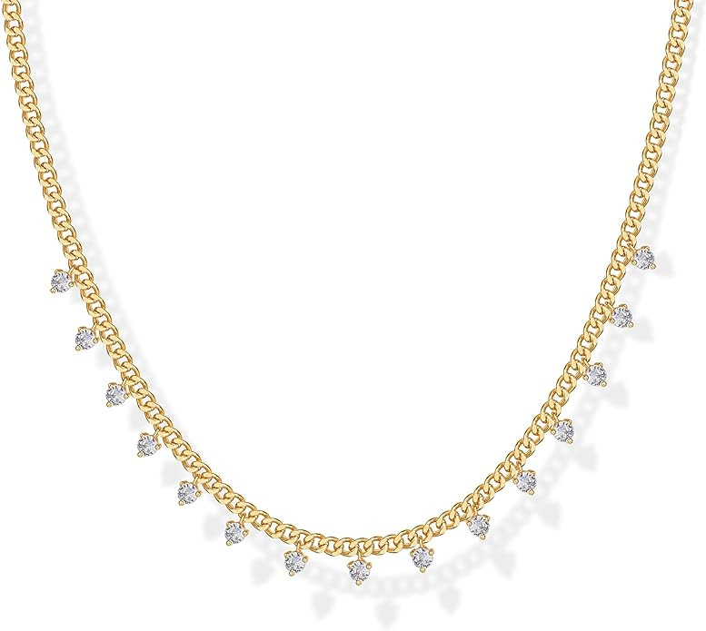 PAVOI 14K Gold Plated Station Necklace - Simulated Diamond BTY Layering Necklaces - Womens CZ Cha... | Amazon (US)
