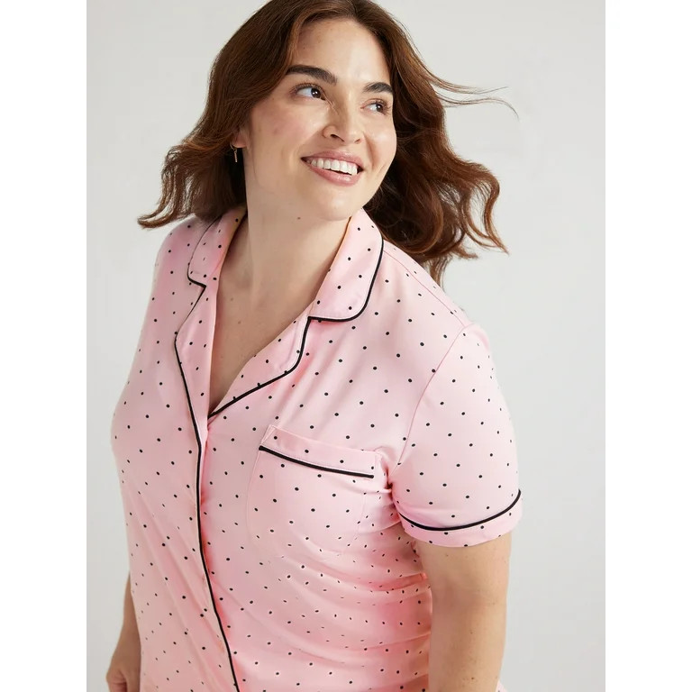 Joyspun Women's Knit Short Sleeve Notch Collar Top and Capri Pajama Set, 2-Piece, Sizes S to 3X -... | Walmart (US)
