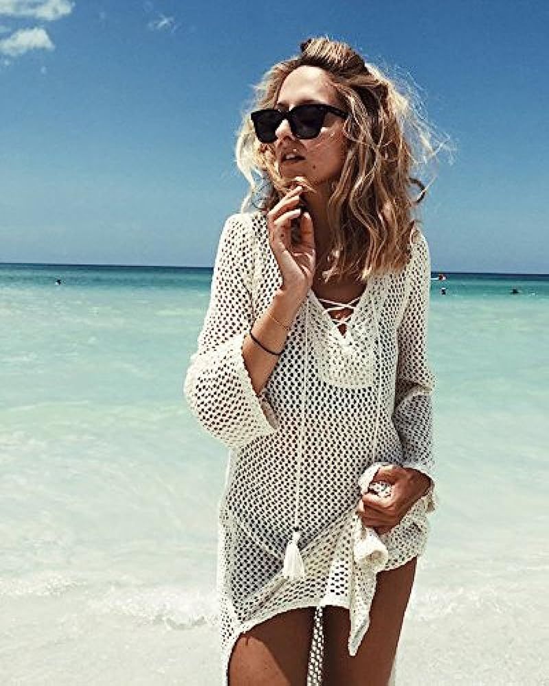NFASHIONSO Women's Fashion Swimwear Crochet Tunic Cover Up/Beach Dress | Amazon (US)