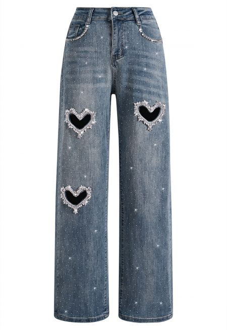 3D Cut-Out Heart Rhinestones Straight Leg Jeans | Chicwish