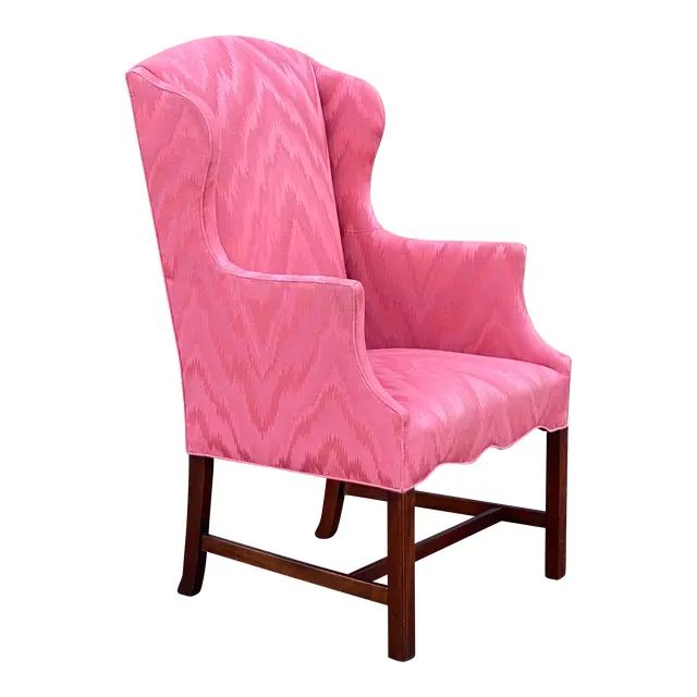 Southwood Chippendale Mahogany Blush Pink Flame Stitch Wingback Chair | Chairish