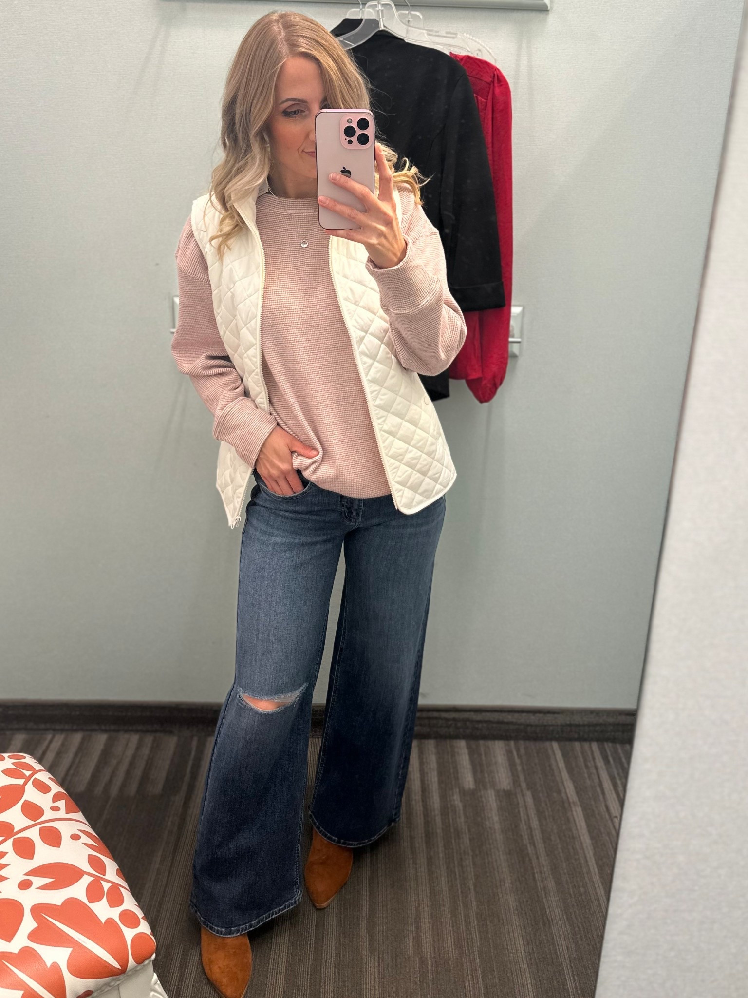 Wearing size 27 in jeans (could size down to 26), medium in sweatshirt (could size down to small) small in vest. 

#LTKMidsize #LTKootd #LTKPlusSize