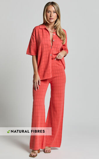 Tommy Two Piece Set - Knit Button Through Top and Pants Two Piece Set in Coral | Showpo (ANZ)