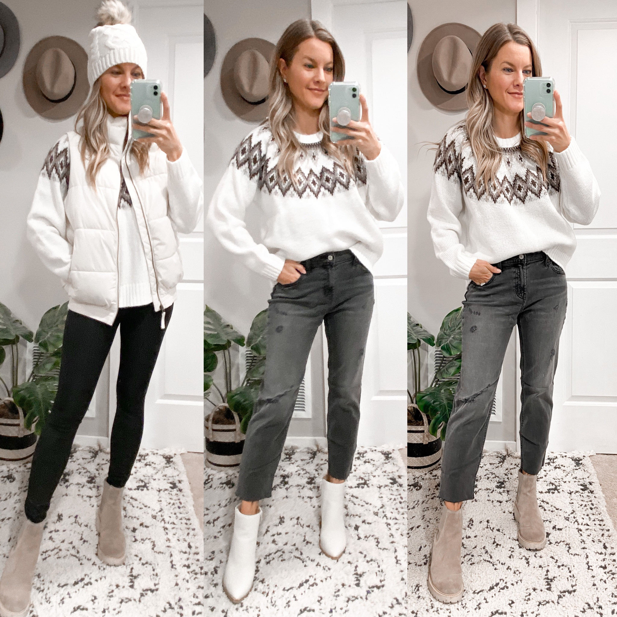 Old Navy 50% off Sale! Fair Isle Cream Sweater & Ankle Straight Jeans in faded black. Styled with puffer vest & pom beanie for cold/winter.
Wearing XS sweater & size 0 short jeans (I am 5’1” and these are my regular sizes).

#LTKHoliday #LTKSeasonal #LTKsalealert