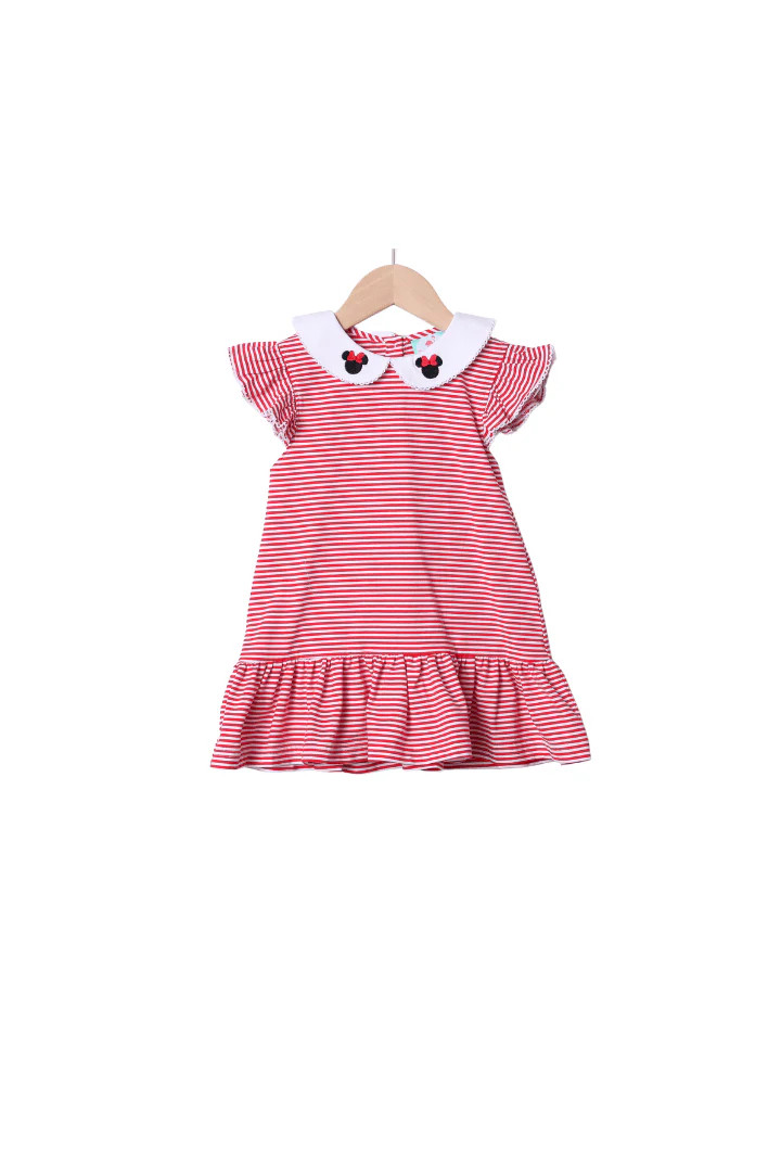 Mouse Red Knit Stripe Flutter Dress | The Smocked Flamingo