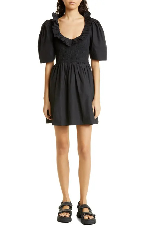 Ganni Smocked Organic Cotton Poplin Dress in Black at Nordstrom, Size 18 Us | Nordstrom