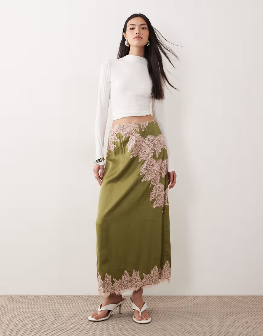 Never Fully Dressed lace midaxi skirt in green | ASOS (Global)