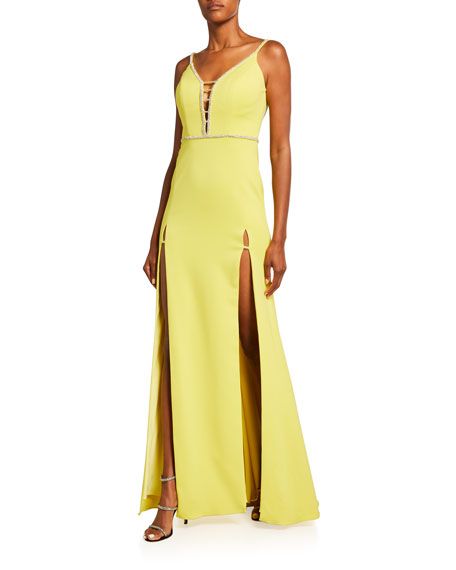 Jovani Lace-Up Back Sleeveless Gown w/ High Slits | Neiman Marcus