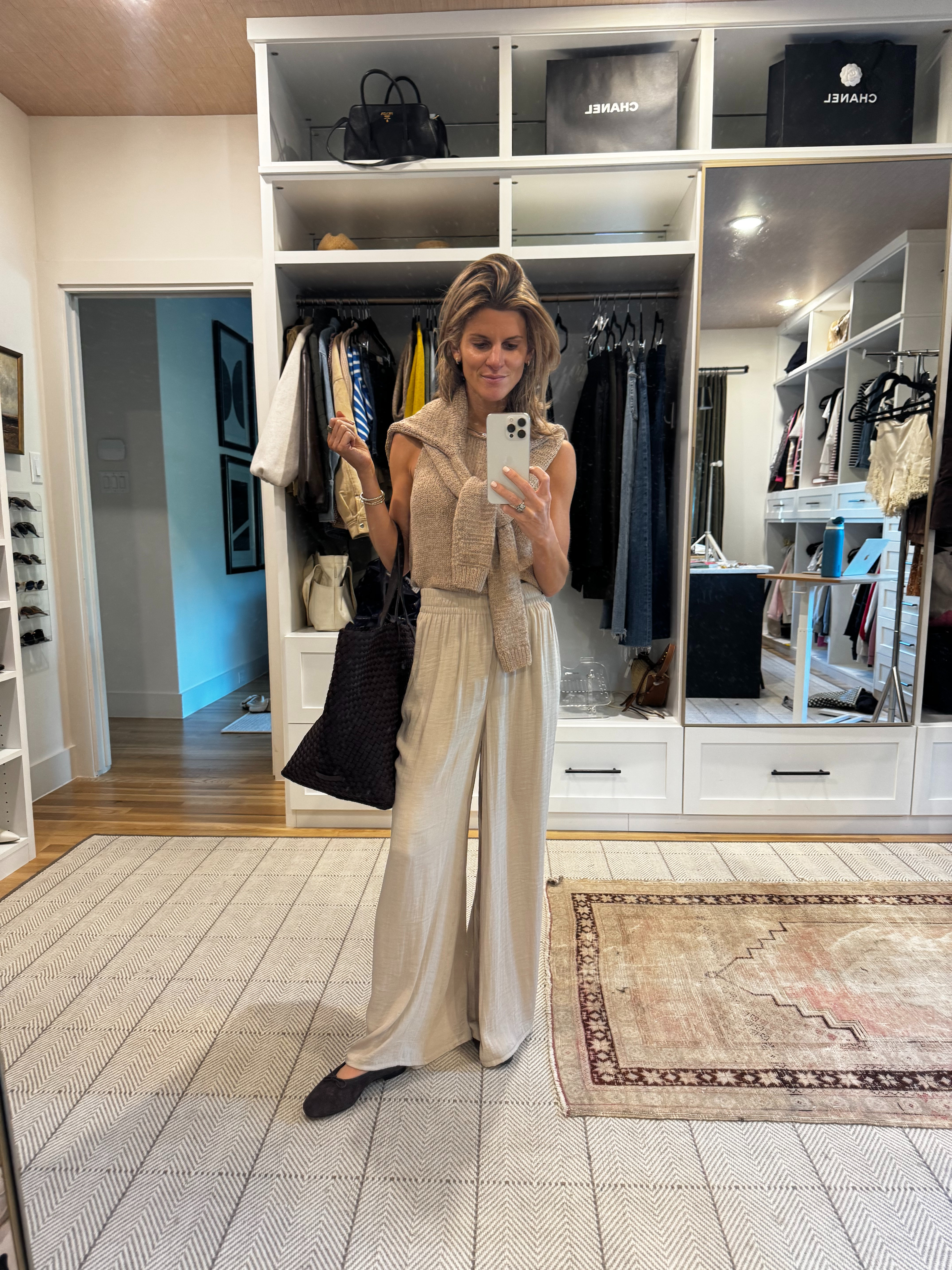 School Drop Off Look! 
Zara wide legs pants (XS and got them hemmed). Zara knit cardi + matching top (XS). Madewell chocolate brown ballet flats. Oversized woven chocolate brown tote.  

 