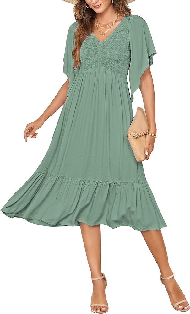 PYGFEMR Women's Summer Empire Waist Dress Smocked Flutter Short Sleeve V Neck Midi Dresses | Amazon (US)