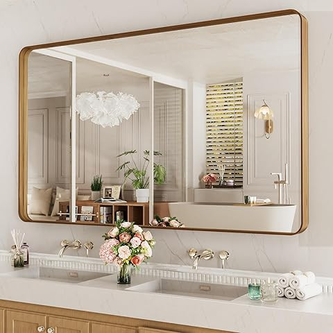 TokeShimi 60 x 28 Inch Brushed Gold Bathroom Vanity Mirror for Wall with Non-Rusting Aluminum All... | Amazon (US)