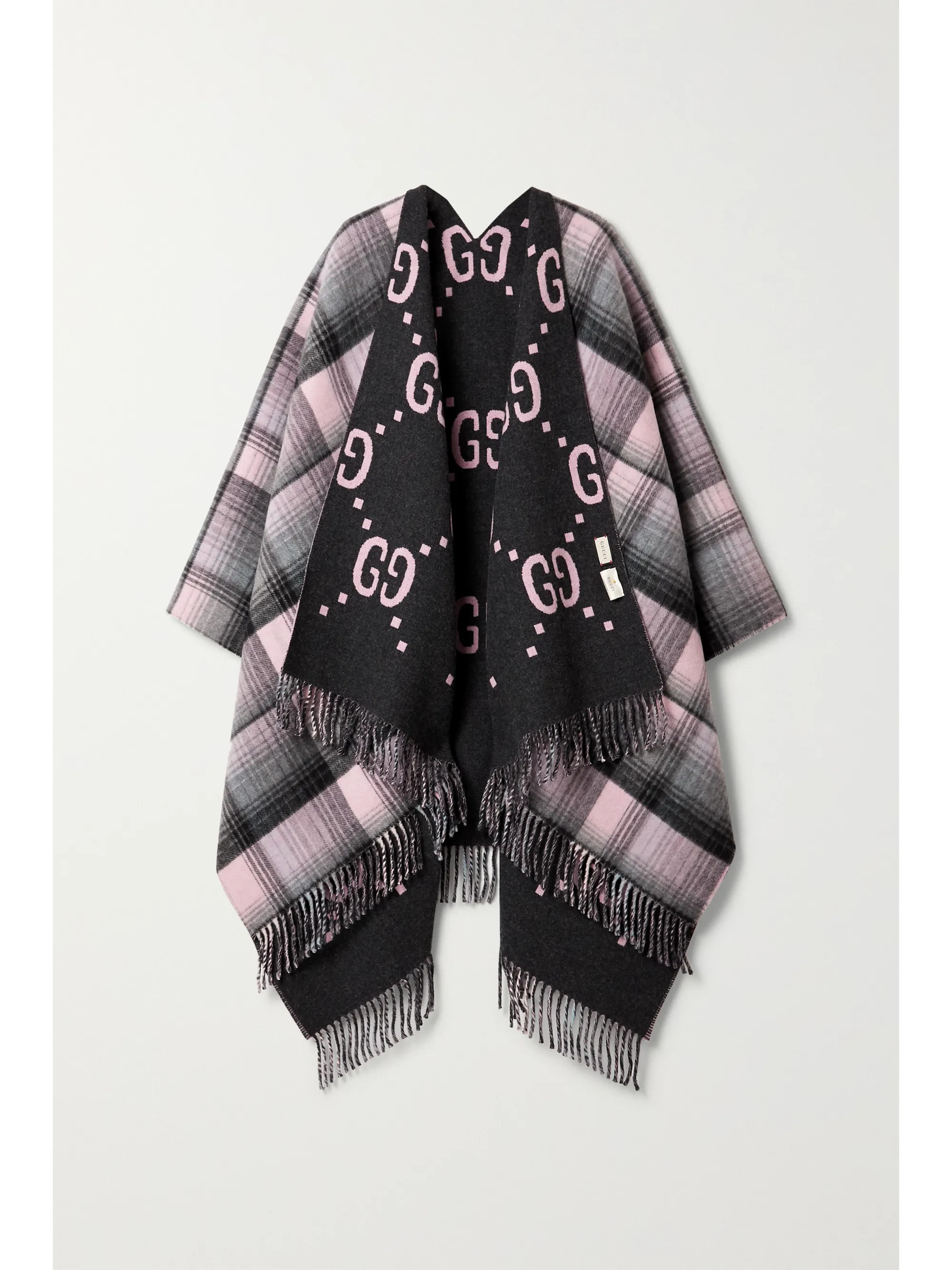 Black Reversible fringed checked intarsia wool wrap | Gucci | NET-A-PORTER | NET-A-PORTER (US)