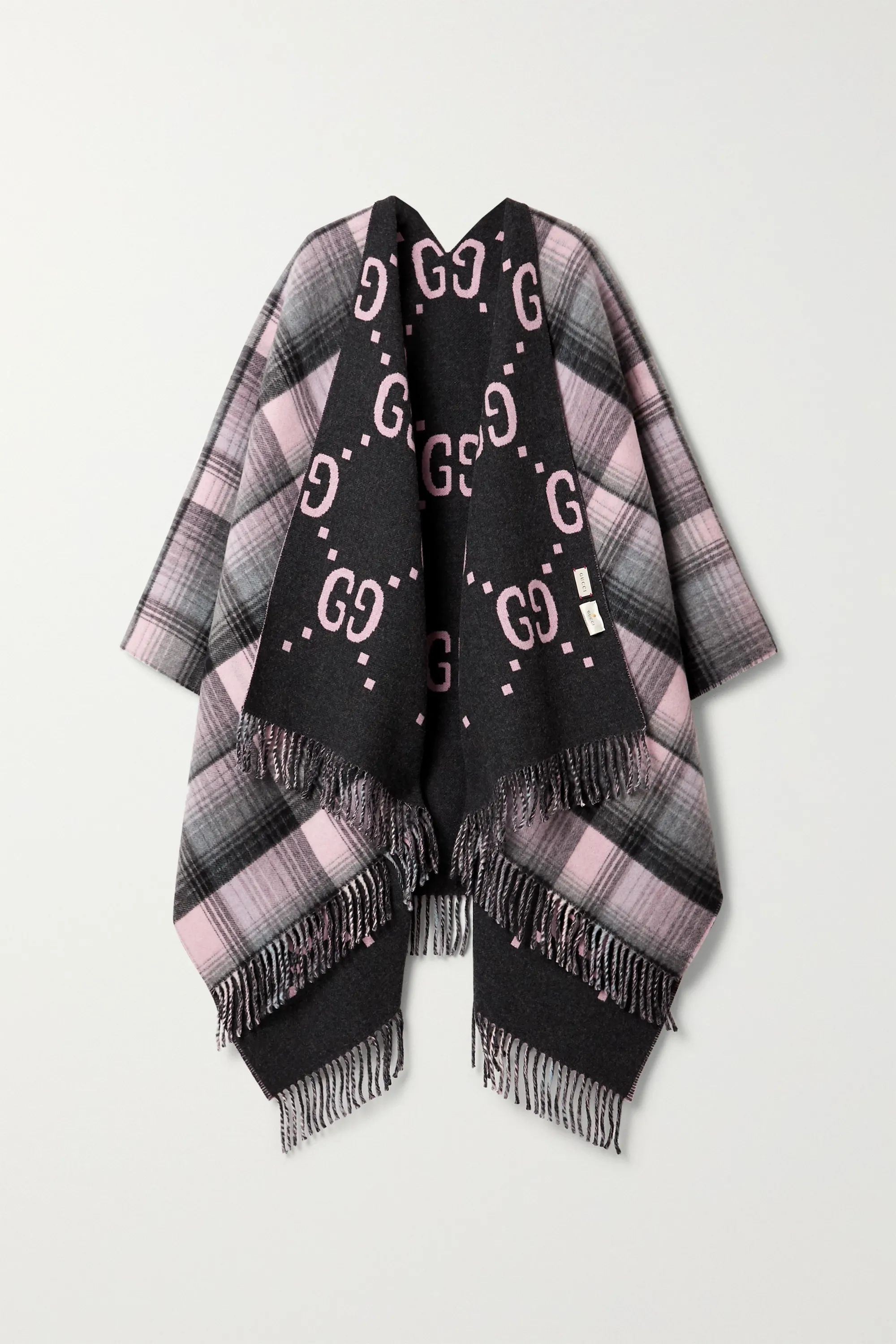 Black Reversible fringed checked intarsia wool wrap | Gucci | NET-A-PORTER | NET-A-PORTER (US)