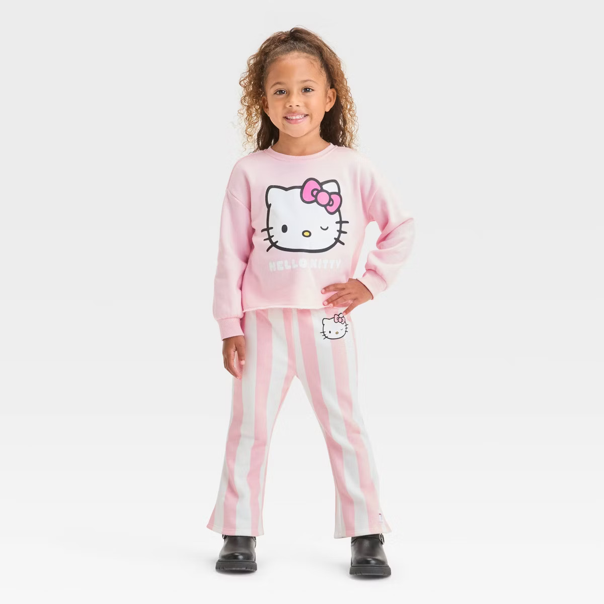 Toddler Girls' Hello Kitty 2pc Fleece Pullover Top & Striped Flare Pants - Pink | Target