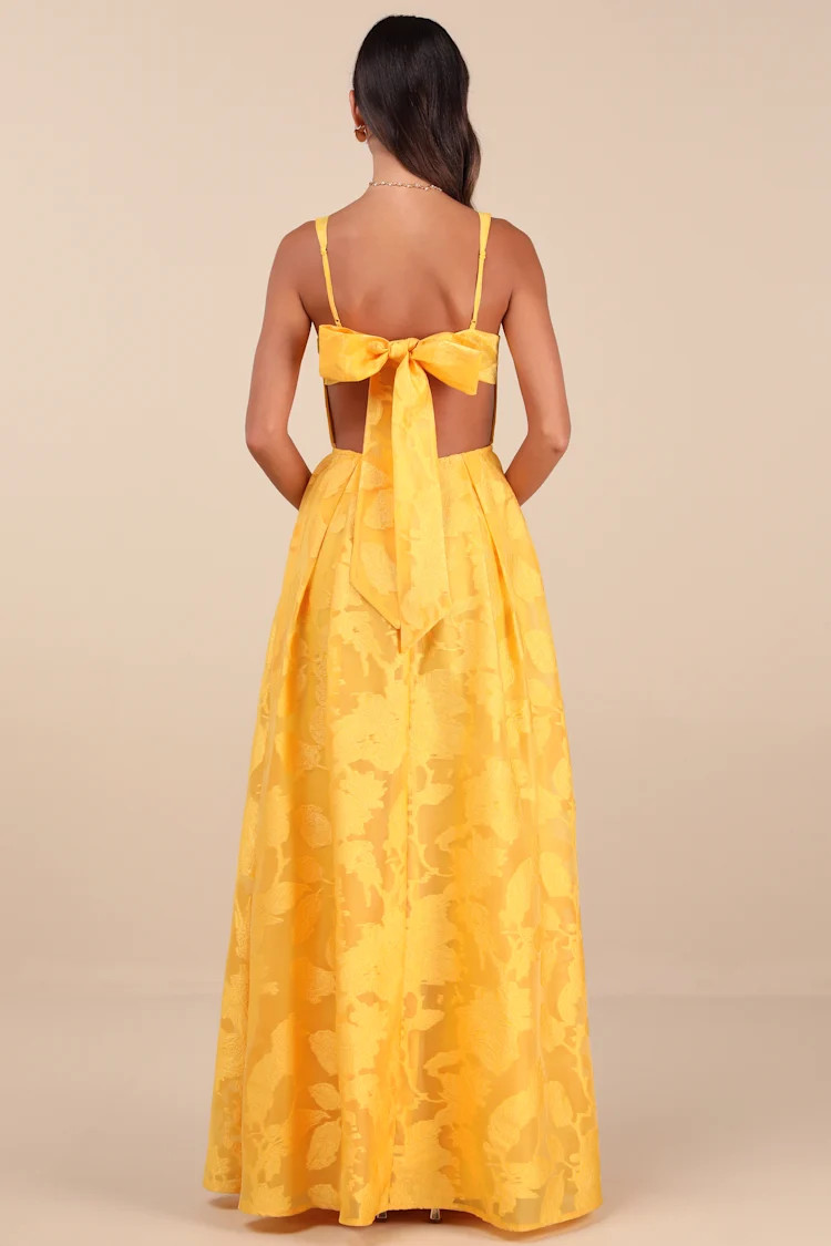 Perfected Aura Yellow Jacquard Tie-Back Maxi Dress with Pockets | Lulus