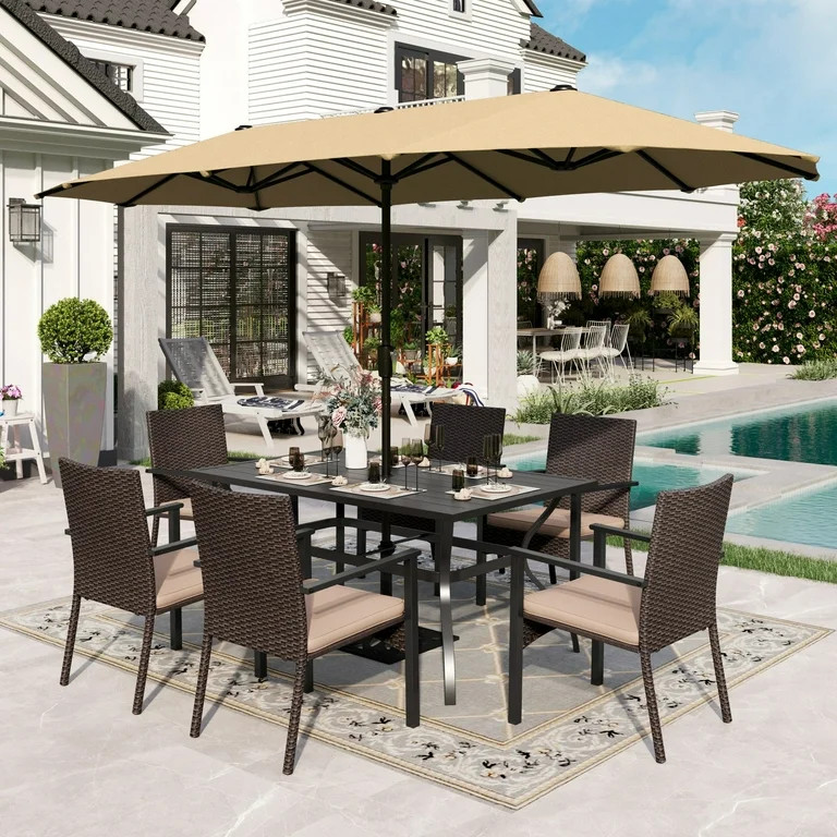 Alpha Joy 8-Piece Outdoor Patio Dining Set with 13 ft Umbrella, Rattan Chairs & Rectangle Table S... | Walmart (US)