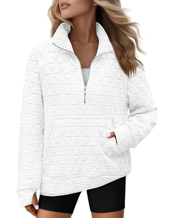 Womens Long Sleeve Quarter Zip Pullover Quilted Sweatshirt Casual Loose V Neck Collared Thumb Hol... | Amazon (US)