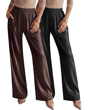 Neer 2 Pack Women's Satin Wide Leg Pants Silk Flowy Dressy Pants | Amazon (US)