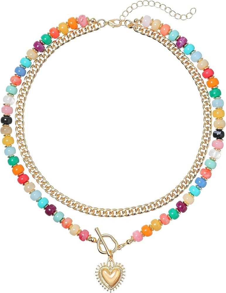 Layered Necklaces for Women, Colorful Acrylic Beads & Heart Pendant | Amazon (US)