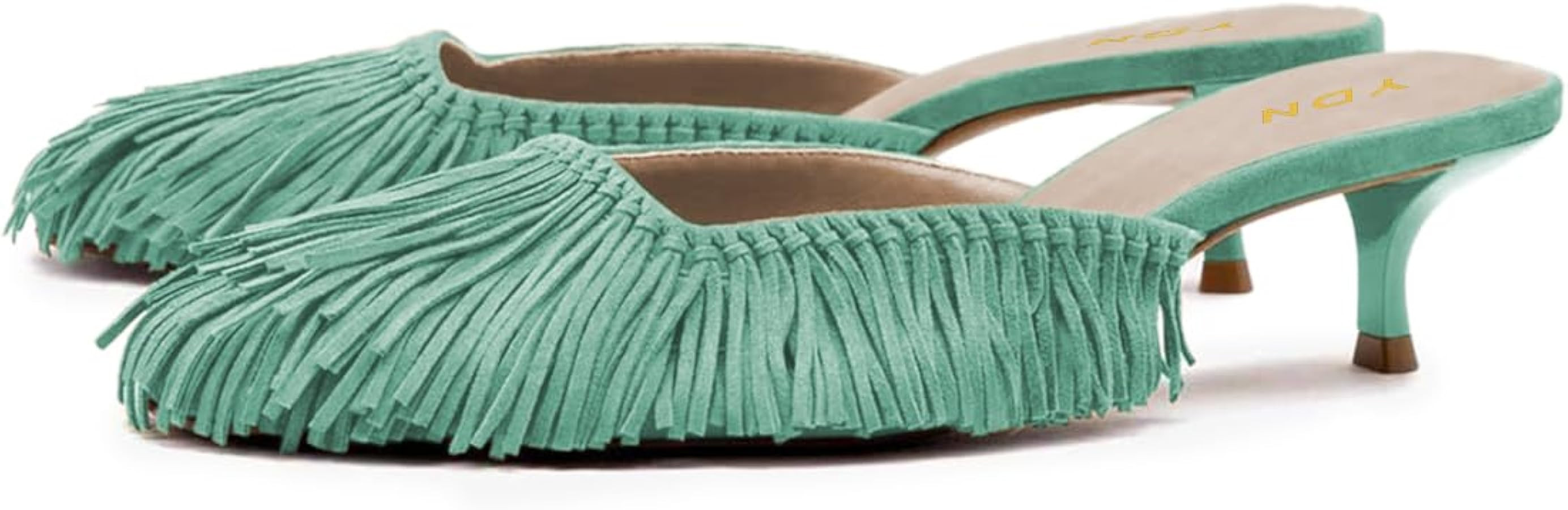 YDN Women's Comfy Closed Square Toe Mules Tassels Slip On Low Kitten Heel Slide Sandals Party Sho... | Amazon (US)