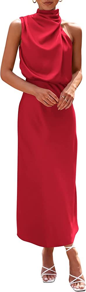 PRETTYGARDEN Women's 2023 Summer Satin Dress Elegant Sleeveless Mock Neck Cocktail Party Maxi Dresse | Amazon (US)