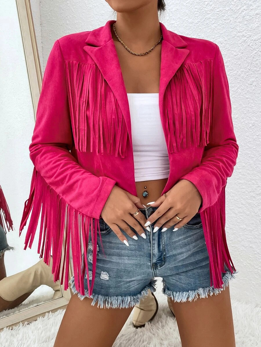 SHEIN LUNE Fringe Trim Open Front Jacket | SHEIN
