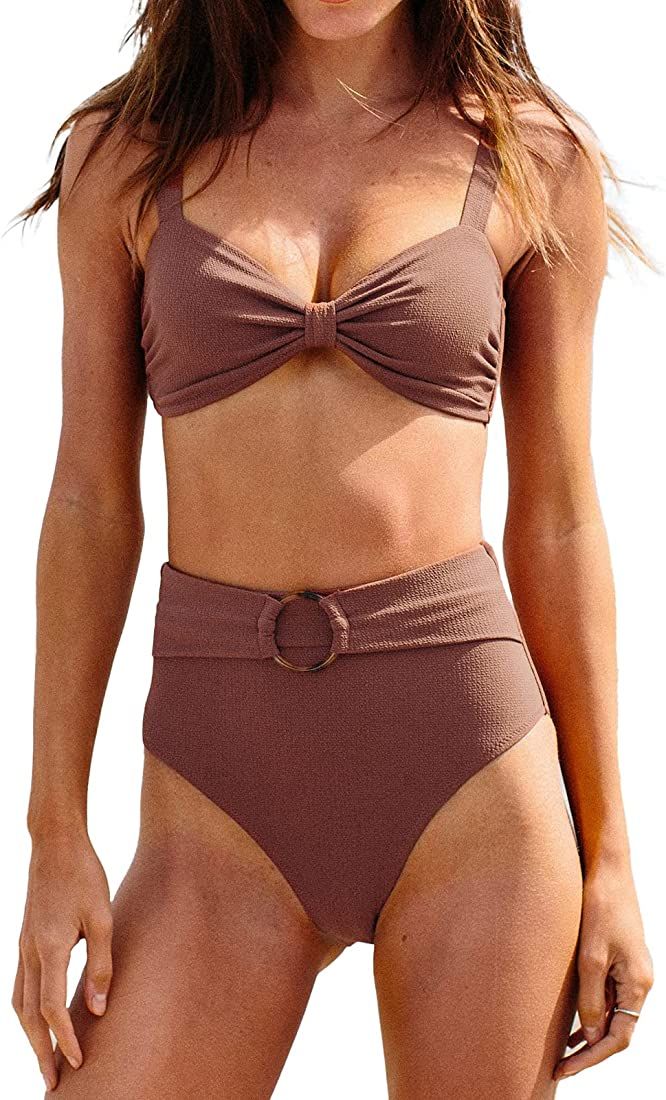 CUPSHE Women's Bowkont Front Bikini Set Tummy Control High Waisted Belted Bathing Suit | Amazon (US)