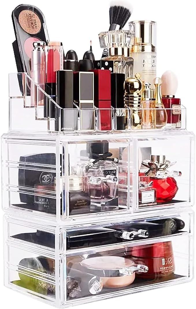 DreamGenius Makeup Organizer 3 Pieces Acrylic Cosmetic Display Cases with 4 Drawers for Jewerly L... | Amazon (US)