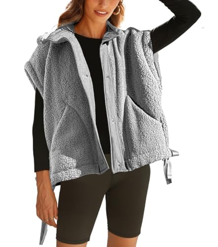 Yozazzy Women's Oversized Fleece Vest Casual Sleeveless Fuzzy Sherpa Jacket Winter Warm Button Down Outerwear with Pockets(Grey-S) | Amazon (US)