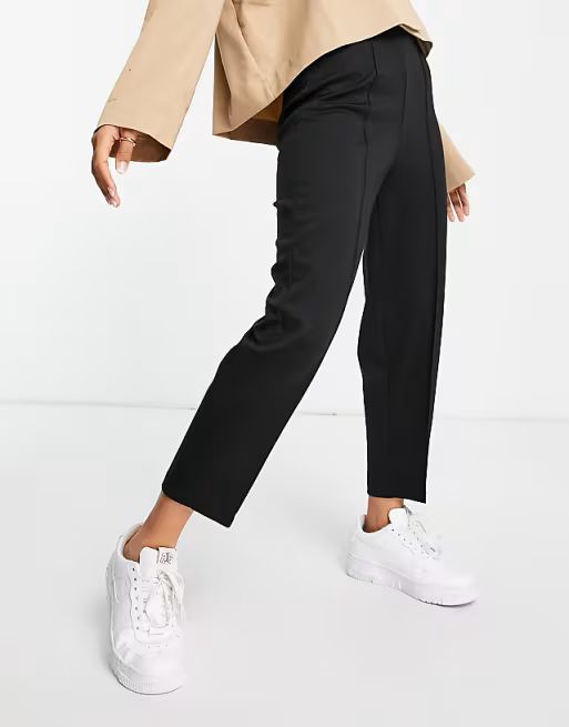 ASOS DESIGN Petite ponte pintuck peg trouser in black | ASOS (Global)