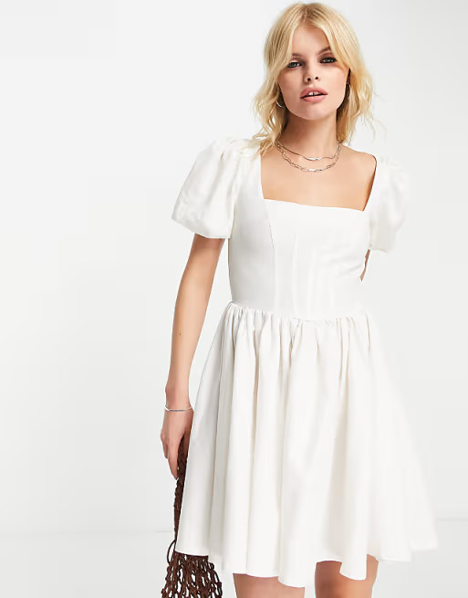 ASOS DESIGN corset linen mini skater dress with puff sleeve in white | ASOS (Global)