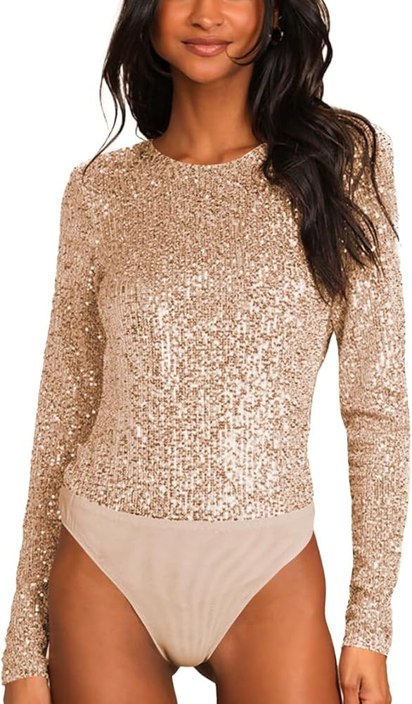 Women's Long Sleeve Sequin Bodysuit Sparkly Sexy Crew Neck One Piece Body Suit Shapewear Tummy Co... | Amazon (US)