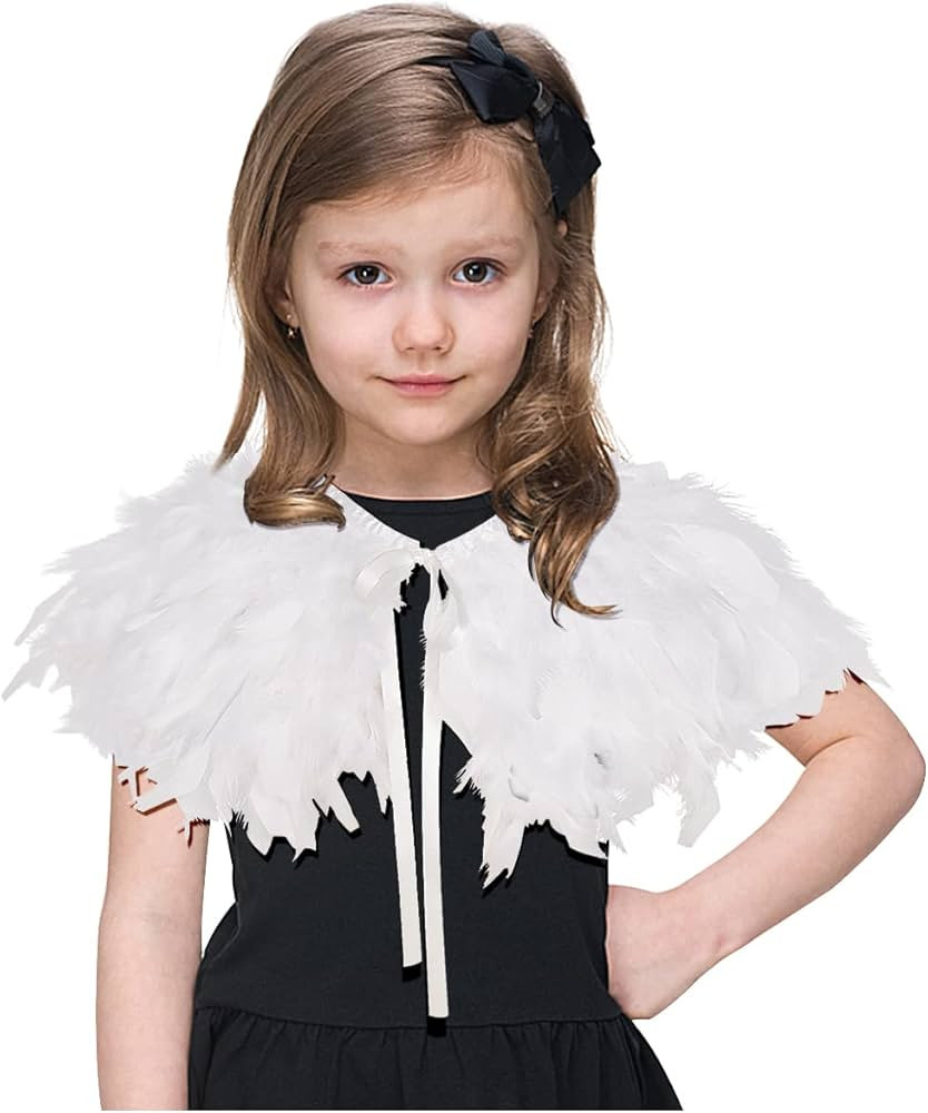 L'VOW Fashion Kids Feather Capes Stole Shawl Iridescent for Game Party Hallowmas (White-Flakes) | Amazon (US)