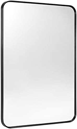 Minuover Wall Mount Mirror for Bathroom, Brush Black Metal Framed Rounded Corner Rectangular Vani... | Amazon (US)