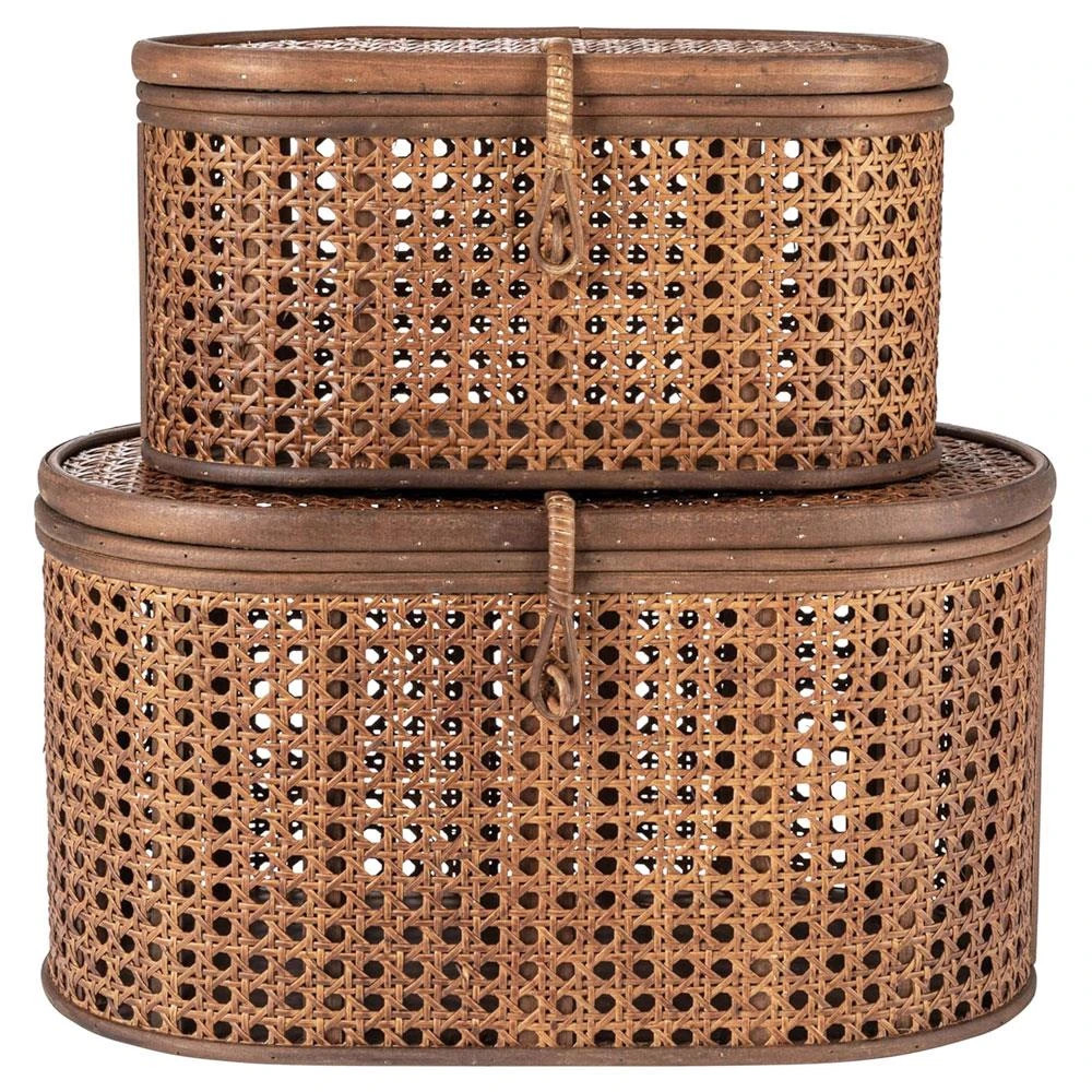 Myrtle Coastal Beach Dark Brown Rattan Decorative Box - Set of 2 | Kathy Kuo Home