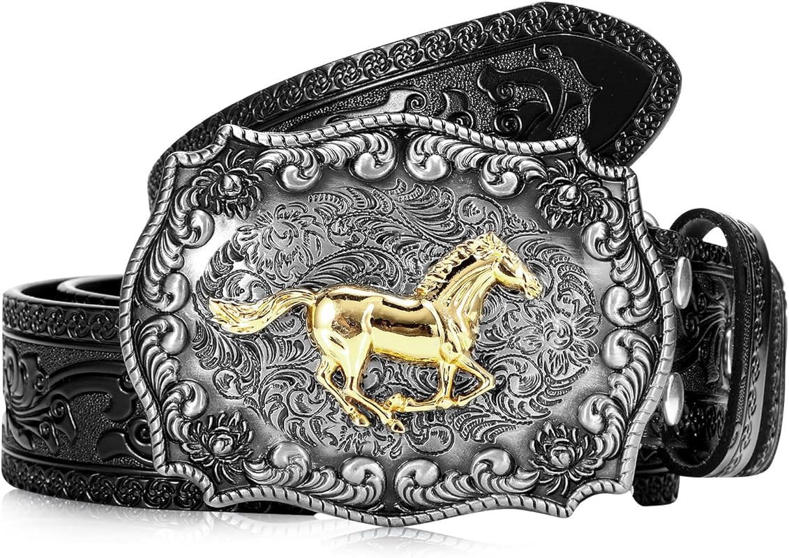 Xuniea Western Cowboy Leather Buckle Belts Horse Pattern Floral Engraved Buckle Belt for Men | Amazon (US)