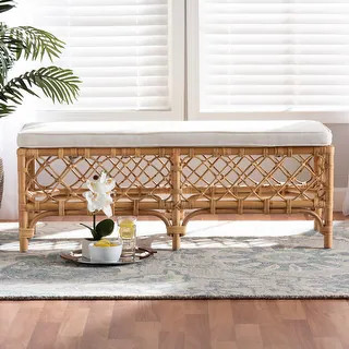 Orchard Bohemian Styled Upholstered Rattan Bench-White/Natural | Bed Bath & Beyond