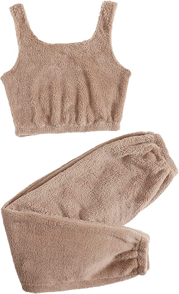 SheIn Women's Two Piece Fuzzy Pajama Lounge Set Crop Tank Top with Pants Sleepwear Loungewear | Amazon (US)