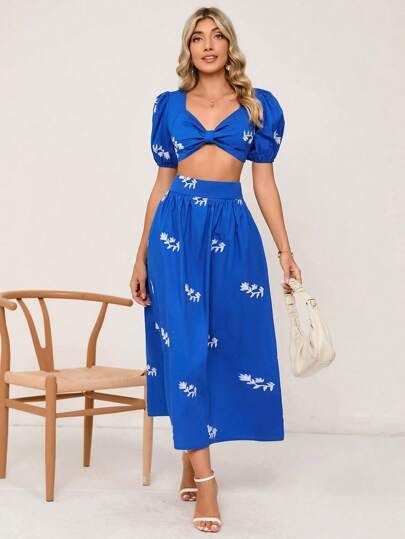 SHEIN VCAY Floral Embroidery Twist Front Crop Top & Skirt | SHEIN