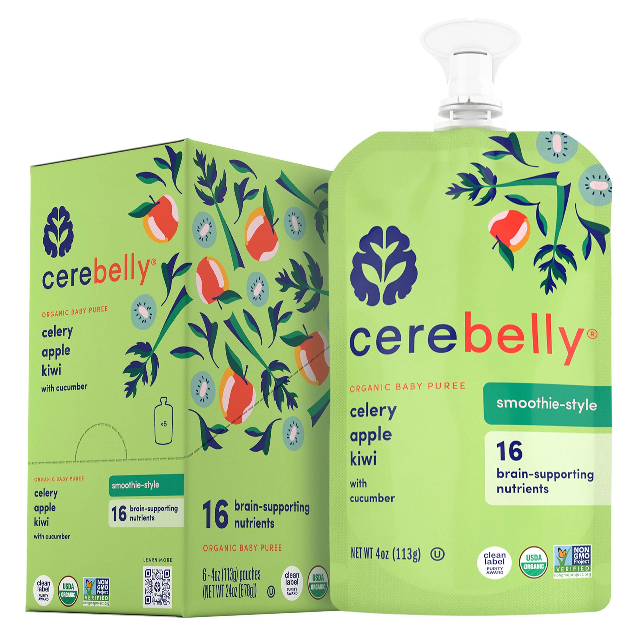 Cerebelly Organic Stage 2 Baby Food, Celery Apple Kiwi, 4 oz Puree (6 Pack) | Walmart (US)
