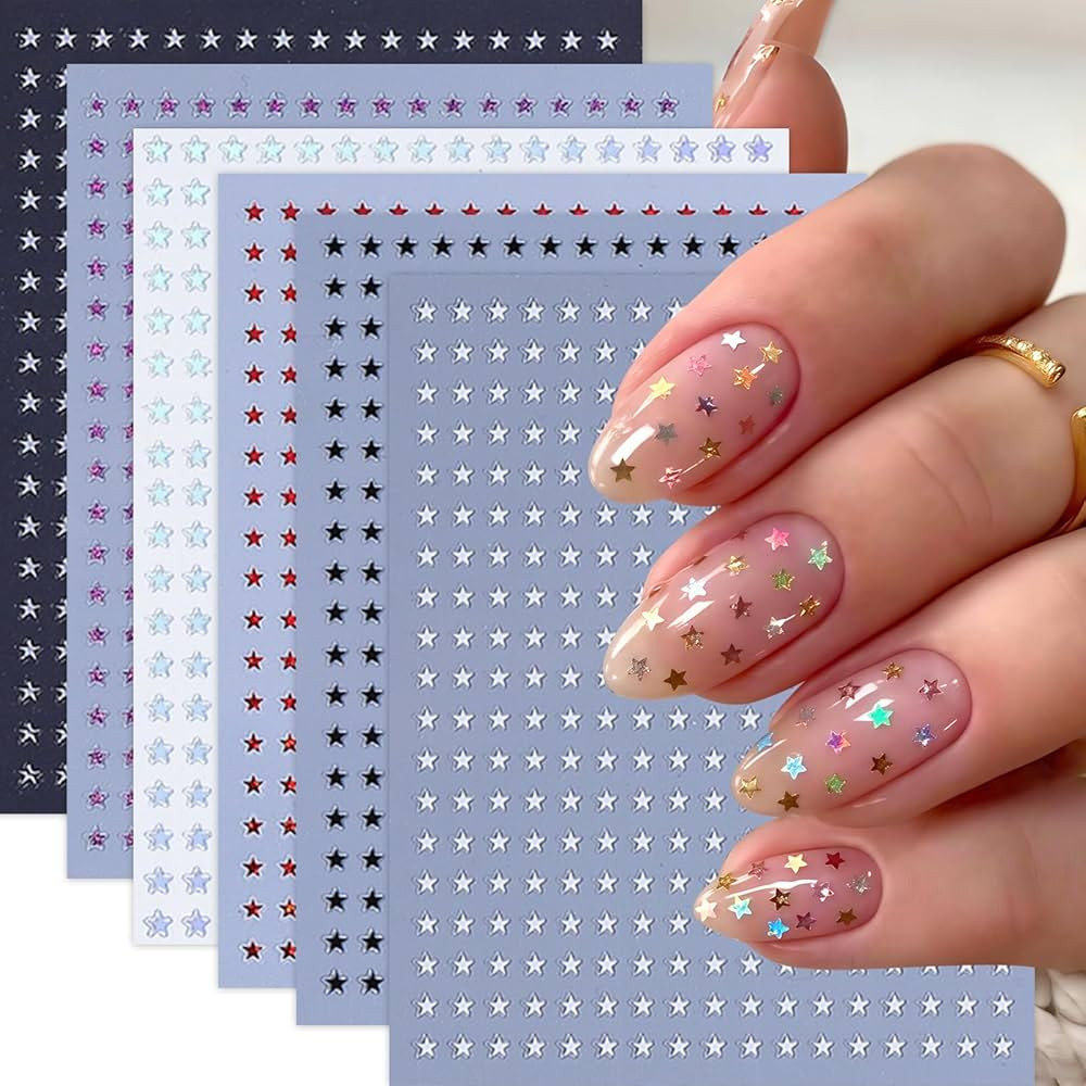 6 Sheets Star Nail Stickers 3D Self-Adhesive Glitters Starlight Nail Art Stickers Shiny Stars Gli... | Amazon (US)