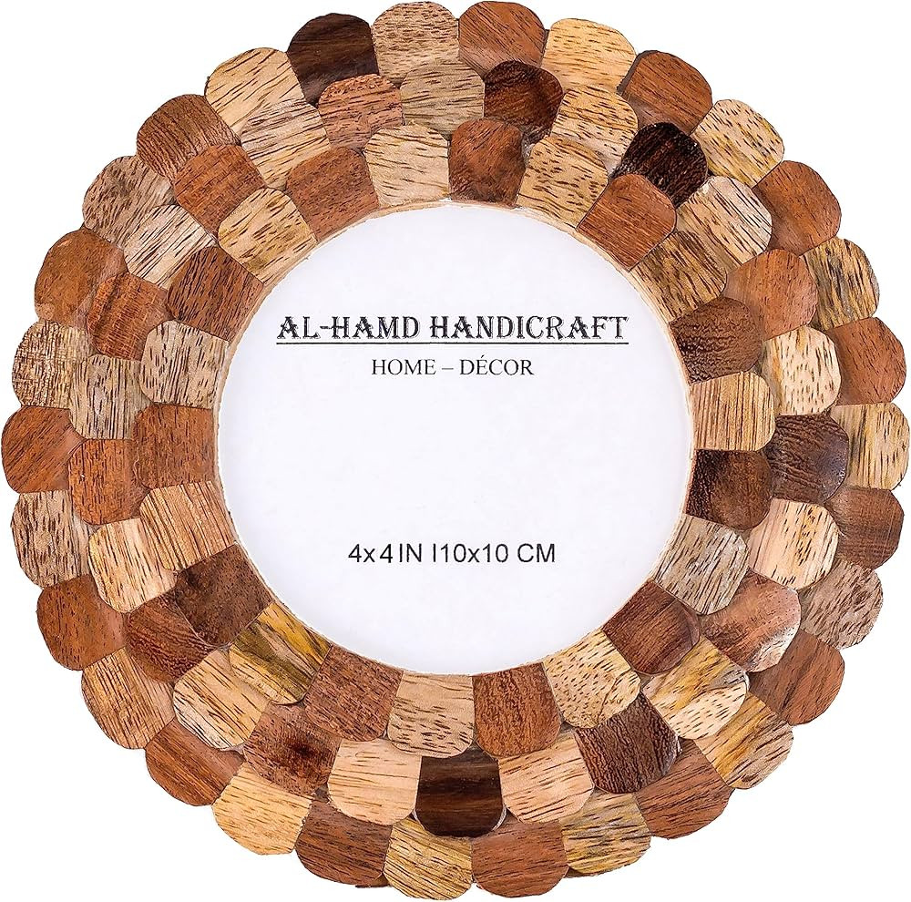 Al-Hamd Handicraft Round Wooden Picture Frame 4x4 Inch, Round Handmade Gift Photo Frame - Brown | Amazon (US)