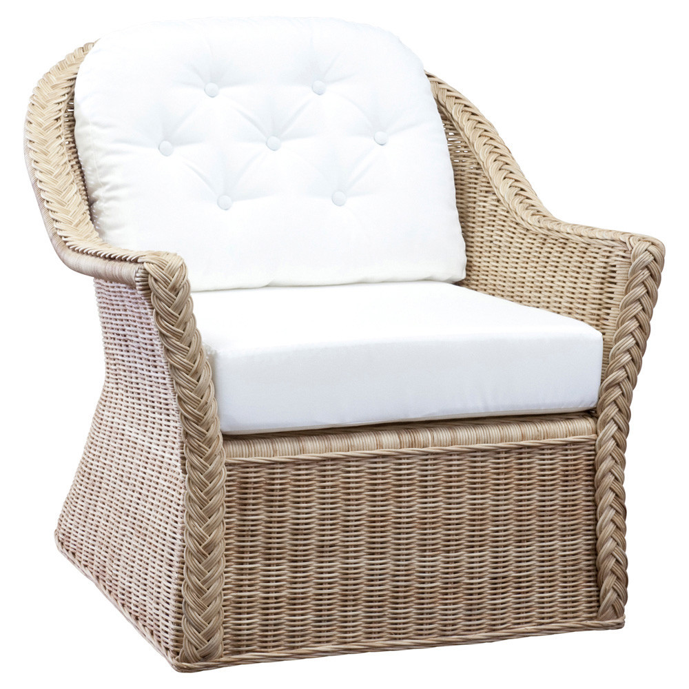 Maya Coastal Beach Natural Woven Rattan White Cushion Living Room Chair | Kathy Kuo Home