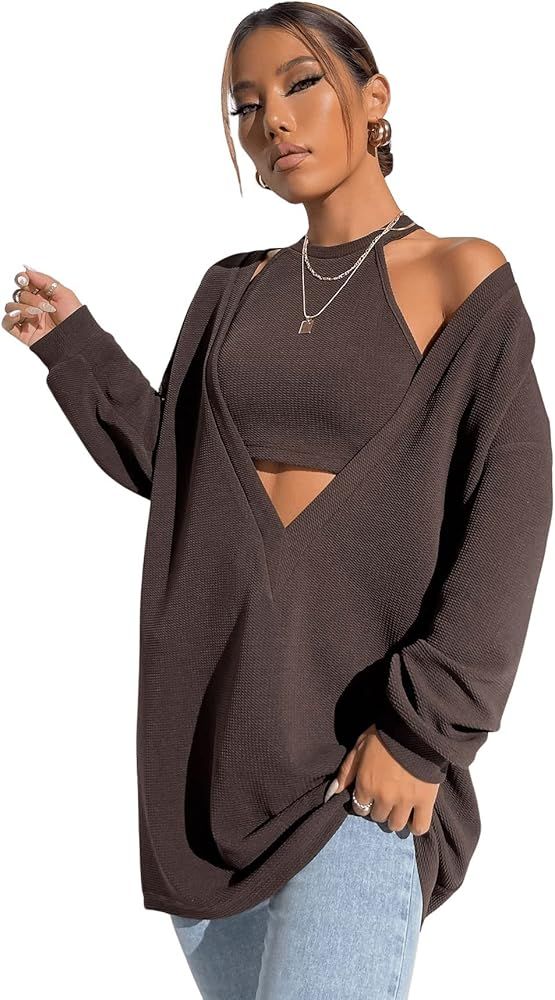 Verdusa Women's Deep V Neck Drop Shoulder Loose Sweatshirt & Crop Halter Top | Amazon (US)