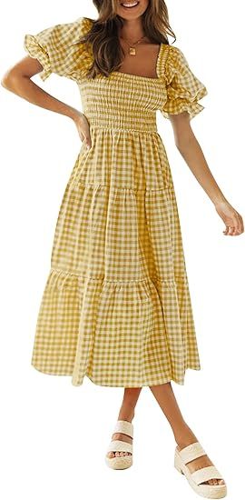 ZESICA Women's 2024 Bohemian Summer Plaid Square Neck Puff Sleeve Ruffle Flowy Beach Midi Dress | Amazon (US)