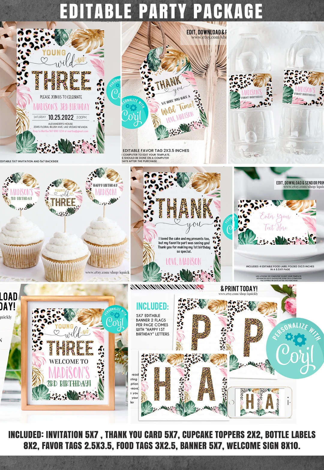 Editable Leopard print Party Package Decorations Girl Young Wild Three Party Birthday Invite Bund... | Etsy (US)