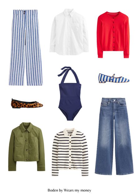 Boden Edit, Boden New In, Spring Summer Style, Outfit Inspiration, Cardigan, White Shirt, Ballet Pumps, Swimsuit, Jeans, Striped Trousers 

#LTKeurope #LTKSeasonal #LTKstyletip