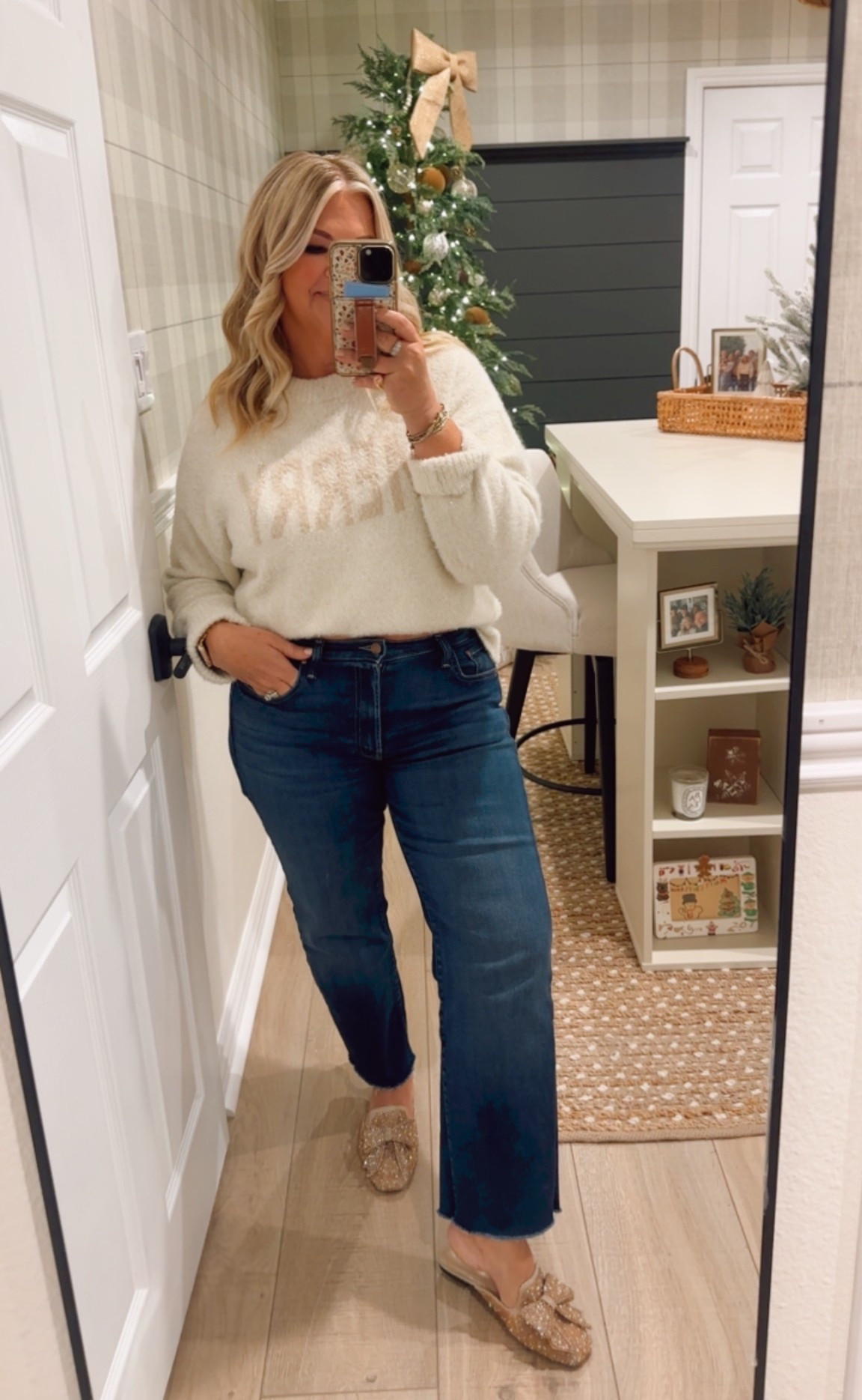 Love this little Holiday outfit! These mules are my go to every Christmas season too! I cut the bottom of my jeans to get the right length & I like the raw hem🩷

#LTKHoliday #LTKSeasonal #LTKOver40