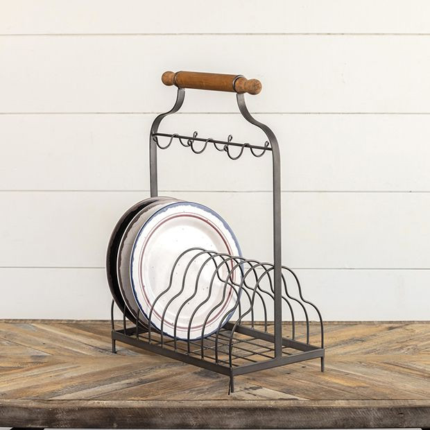 Wood Handled Farmhouse Plate And Cup Rack | Antique Farm House